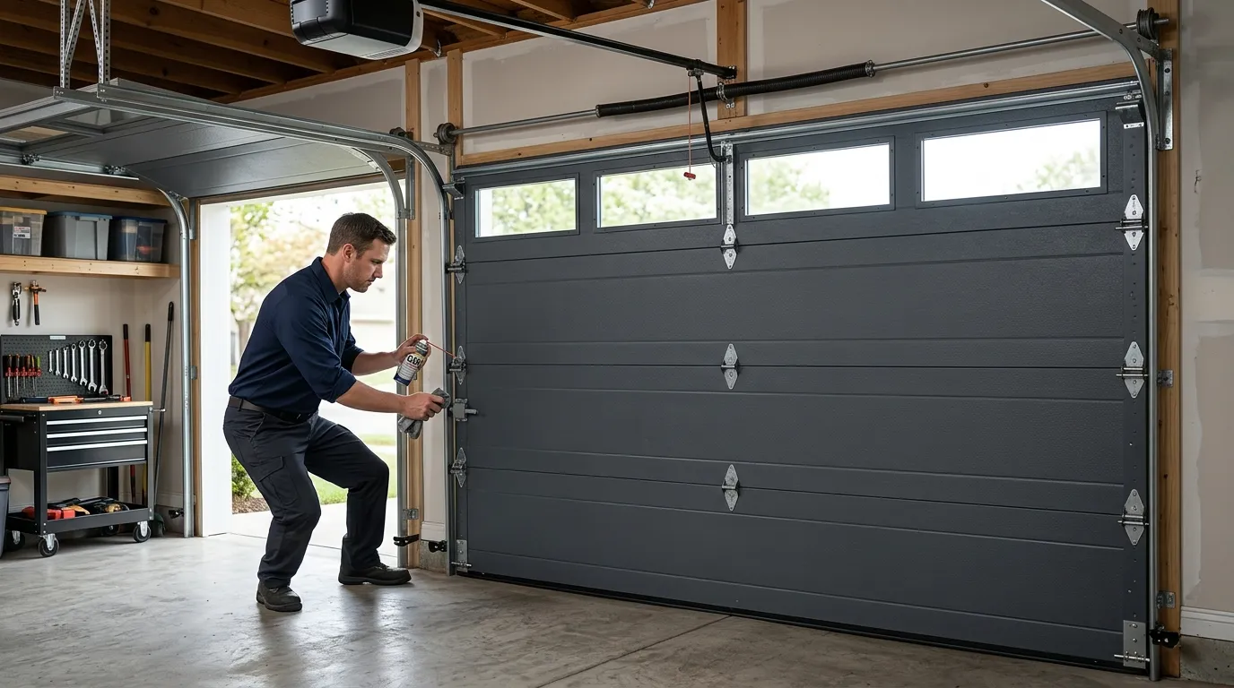 Garage door technician inspecting springs rollers tracks and opener in Arlington Heights